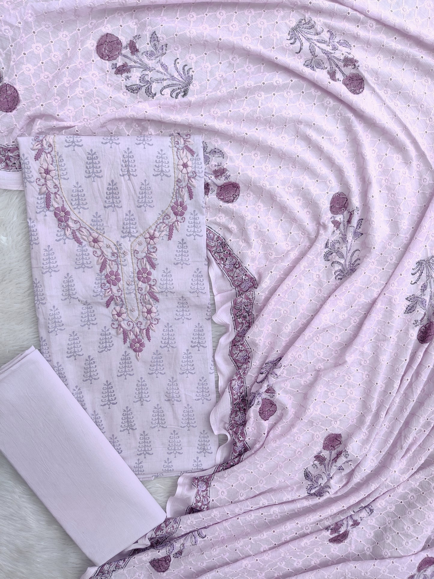 Exclusive Unstitched Hand Block Cotton Suit with Crochet Mulmul Hakoba Dupatta