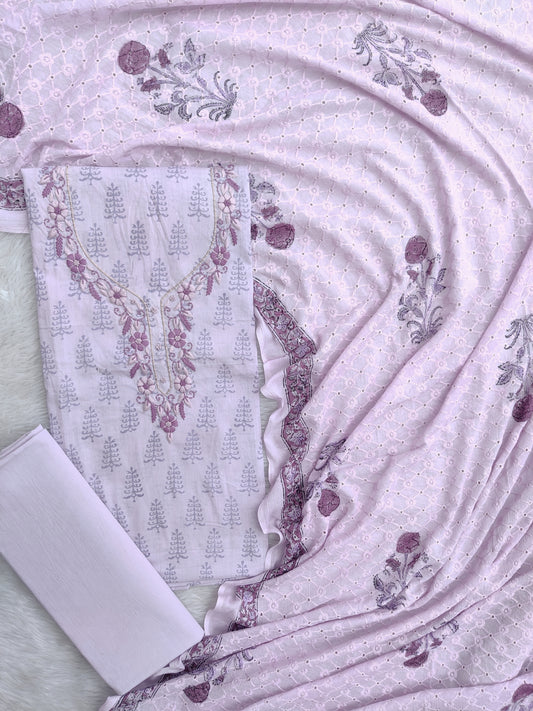 Exclusive Unstitched Hand Block Cotton Suit with Crochet Mulmul Hakoba Dupatta