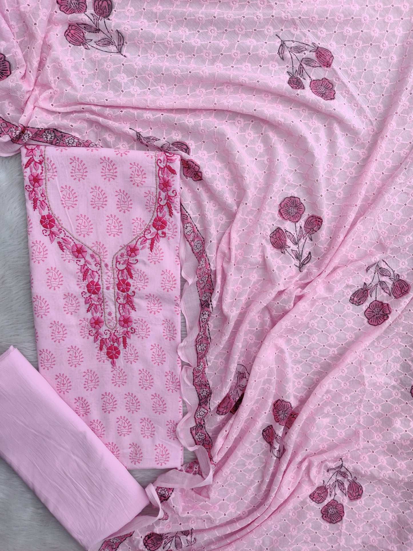 Exclusive Unstitched Hand Block Cotton Suit with Crochet Mulmul Hakoba Dupatta