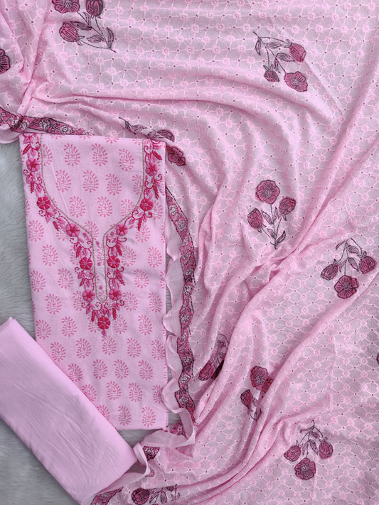 Exclusive Unstitched Hand Block Cotton Suit with Crochet Mulmul Hakoba Dupatta