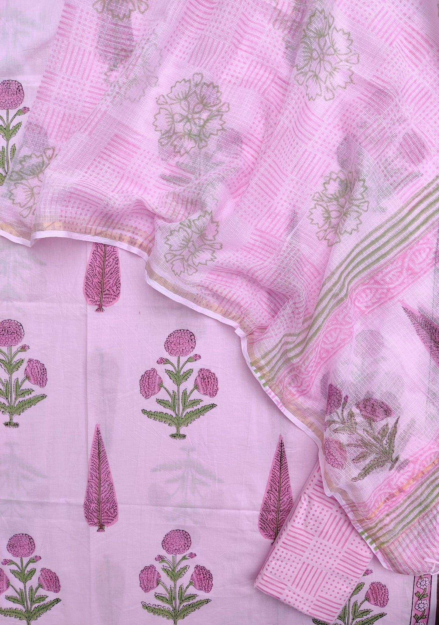Hand Block Printed Cotton Suit with Cotton Kota Doria dupatta