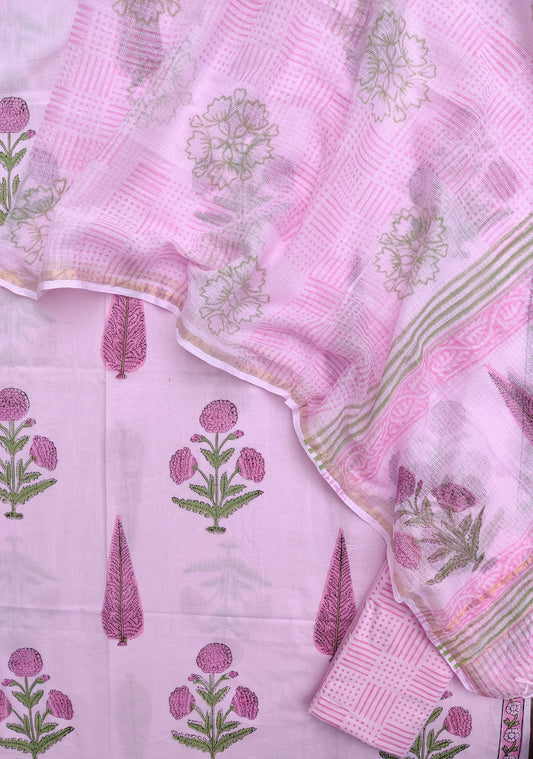 Hand Block Printed Cotton Suit with Cotton Kota Doria dupatta