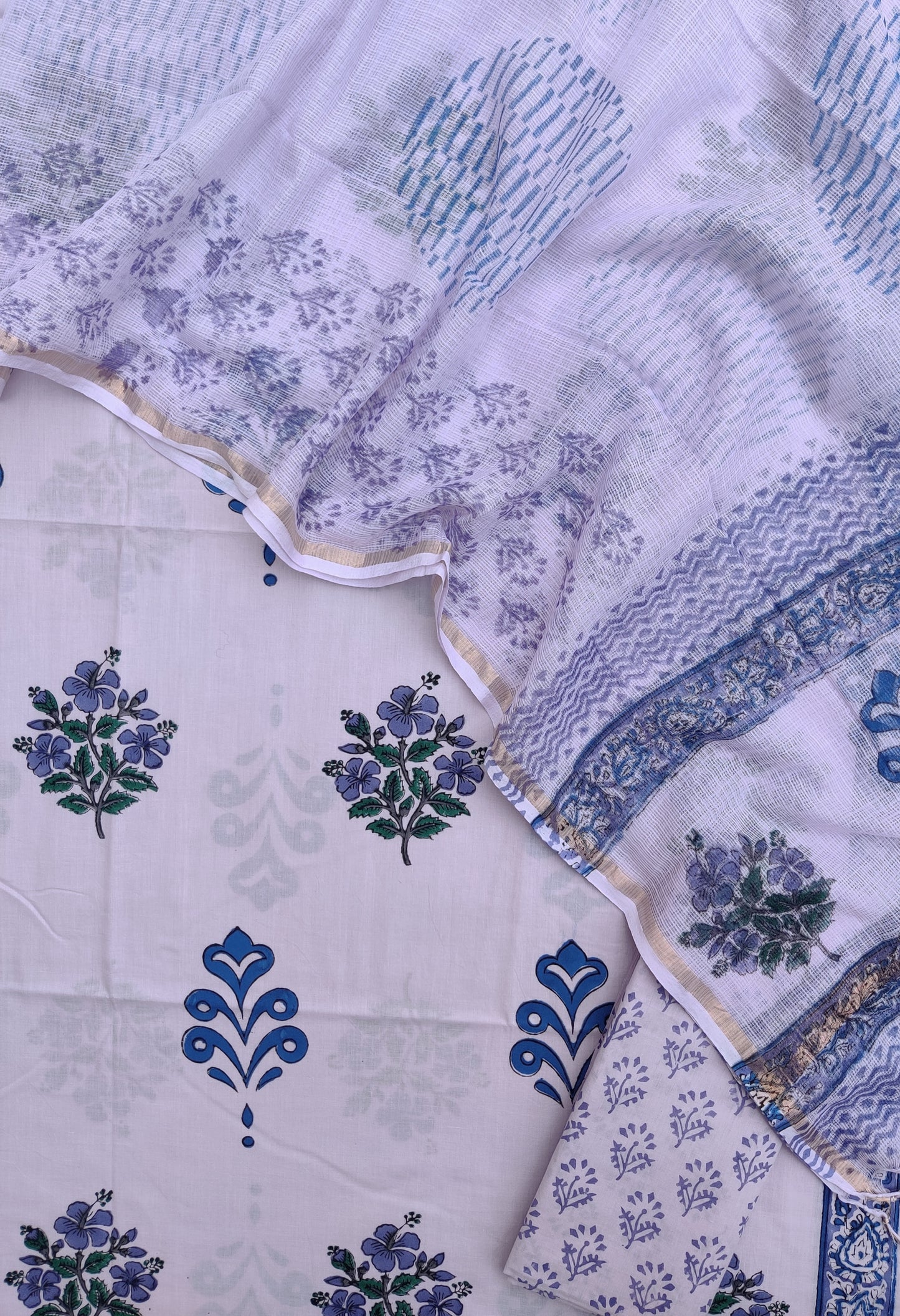 Hand Block Printed Cotton Suit with Cotton Kota Doria dupatta