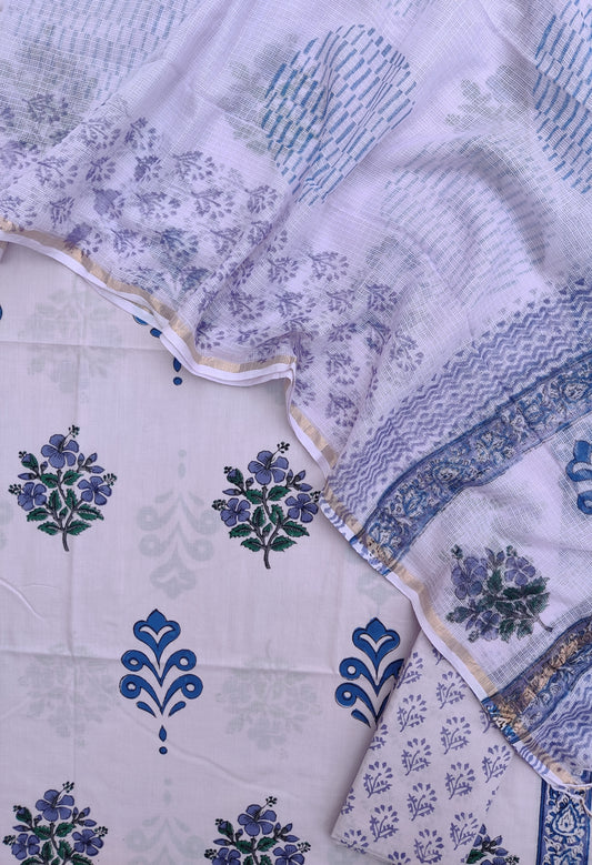 Hand Block Printed Cotton Suit with Cotton Kota Doria dupatta