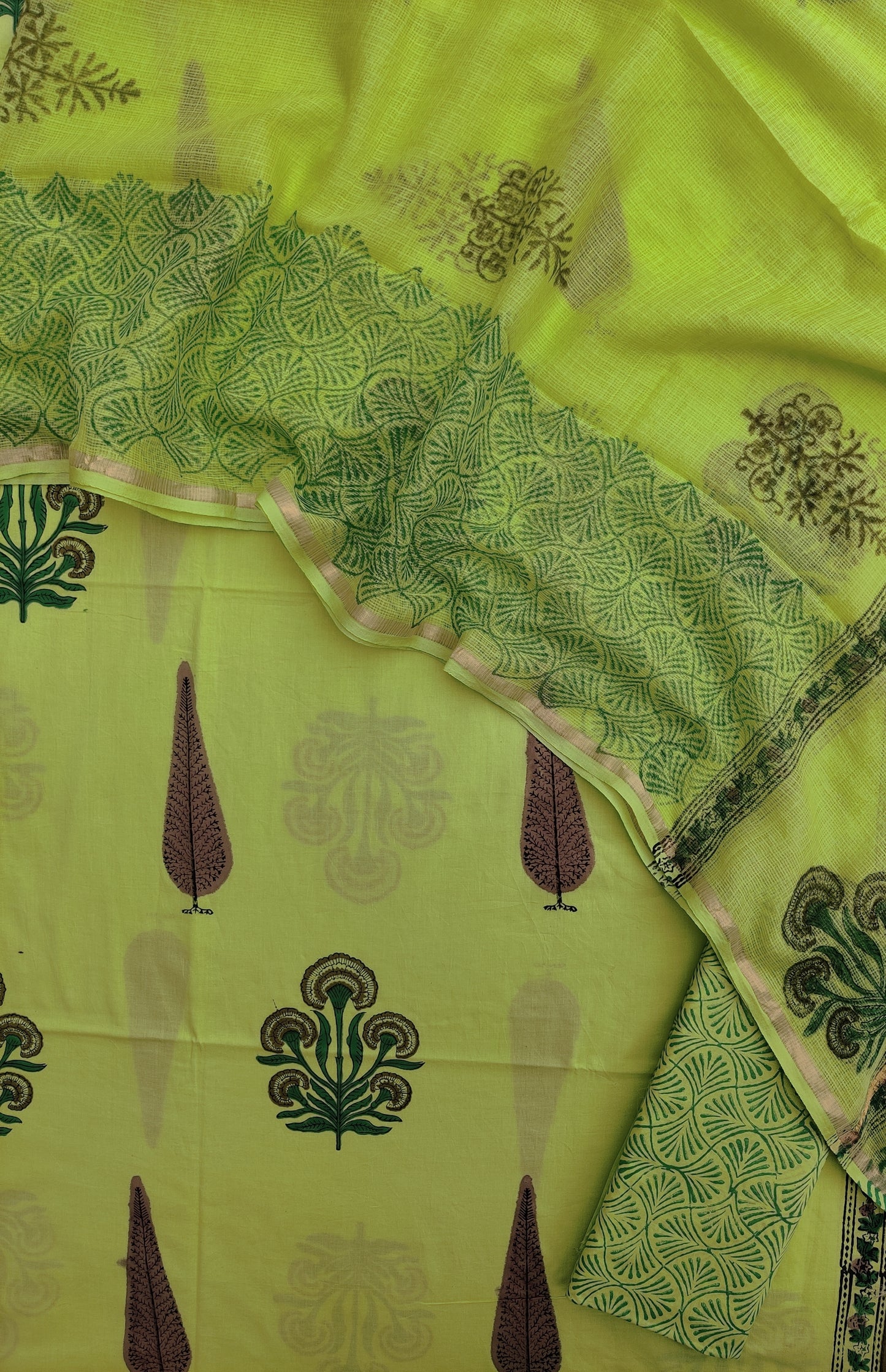 Hand Block Printed Cotton Suit with Cotton Kota Doria dupatta