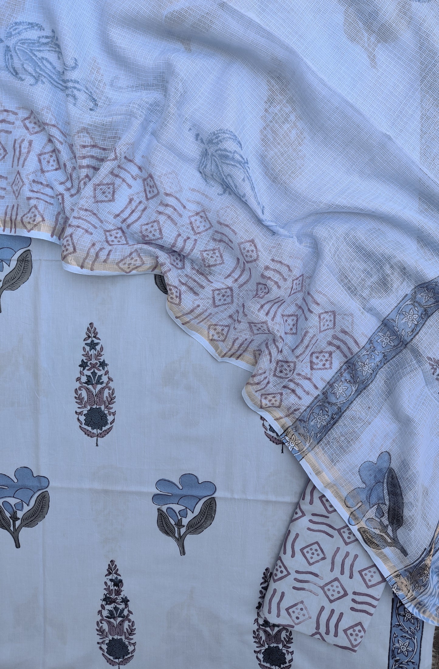 Hand Block Printed Cotton Suit with Cotton Kota Doria dupatta