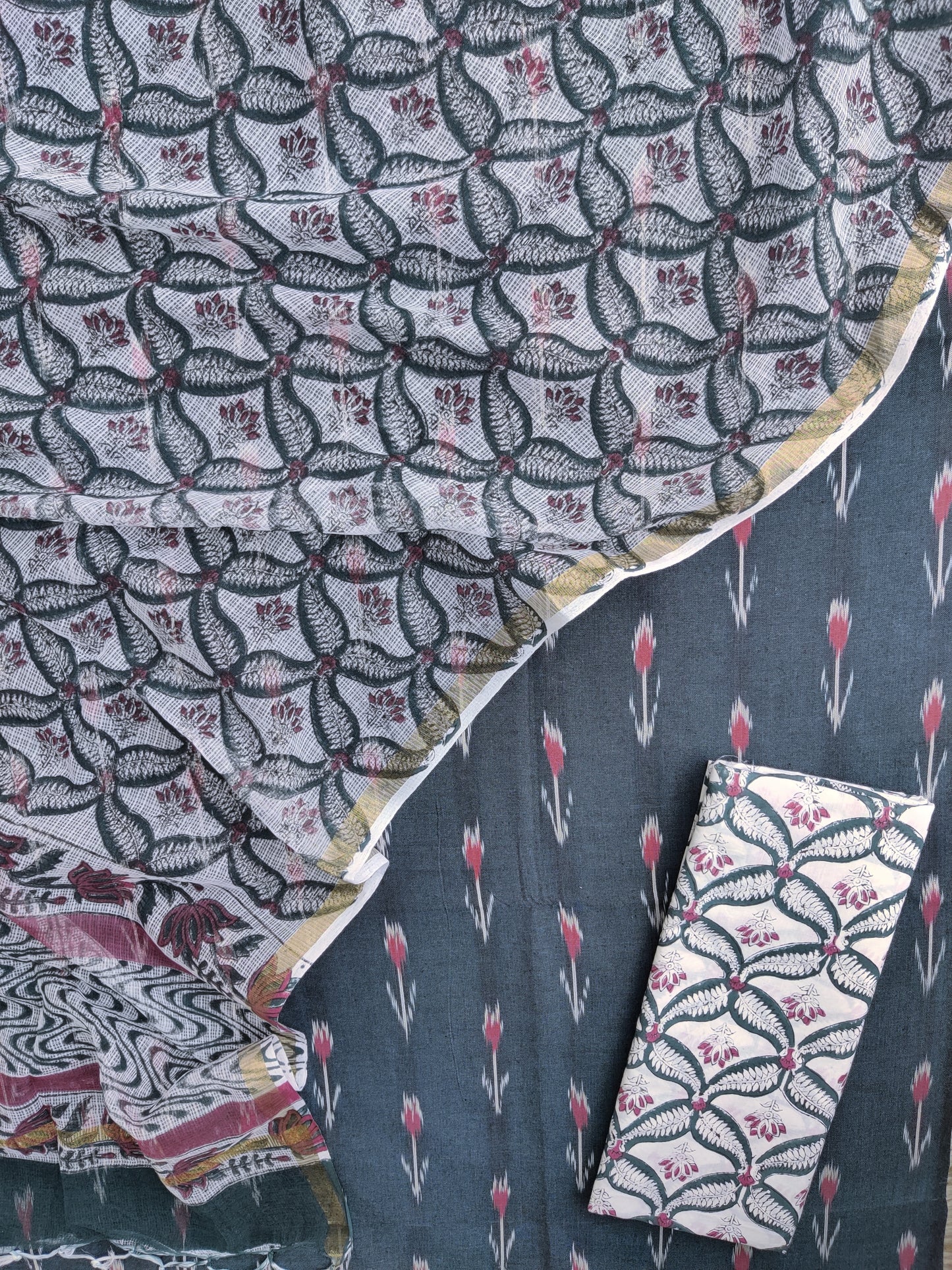 Handloom Weave Ikat Suit with Kota Doria Dupatta