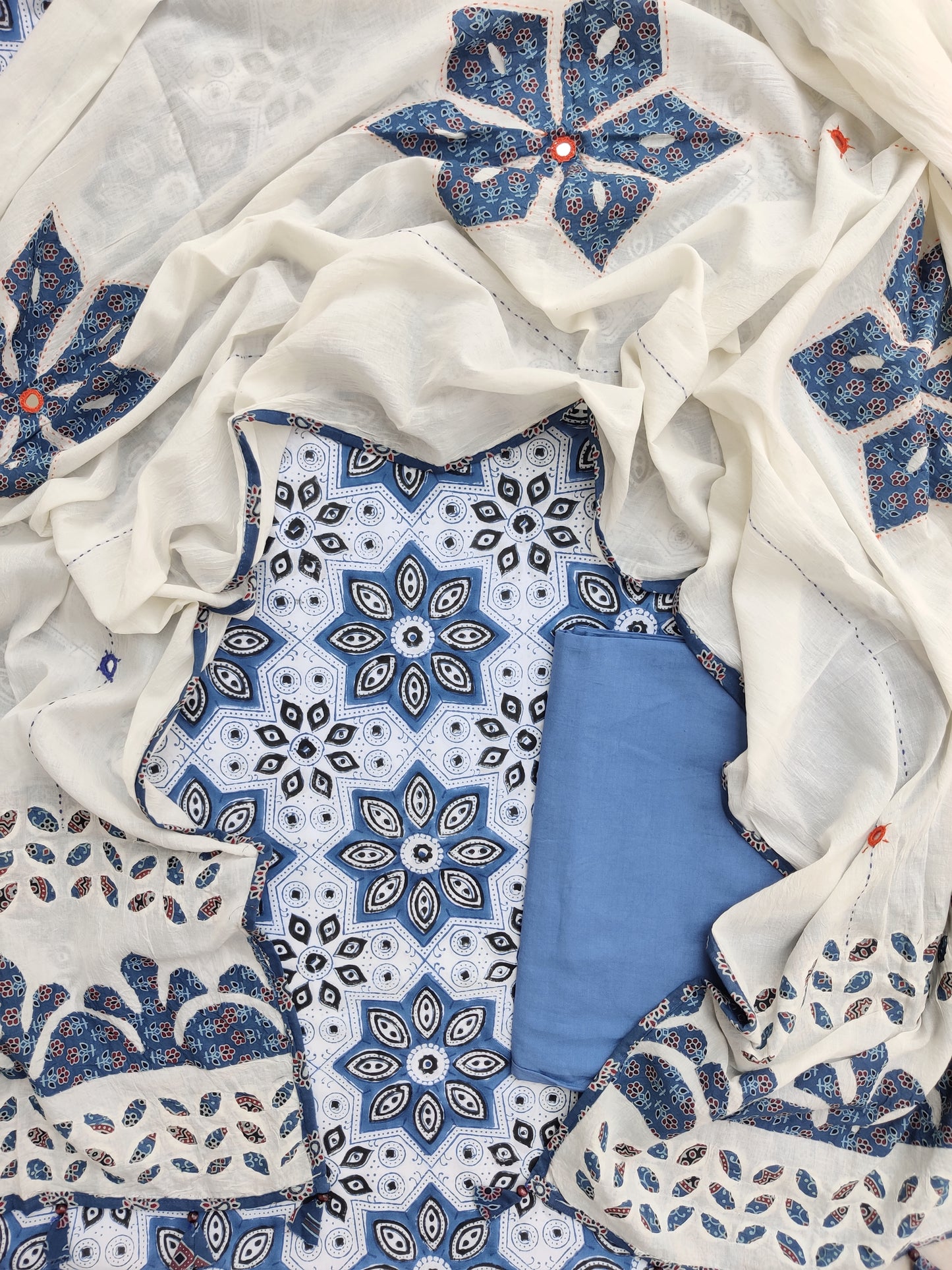AJRAKH Hand Block Printed Cotton Suit with Applique Cotton Dupatta