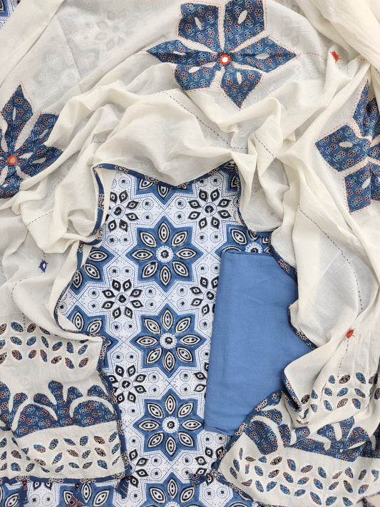 AJRAKH Hand Block Printed Cotton Suit with Applique Cotton Dupatta