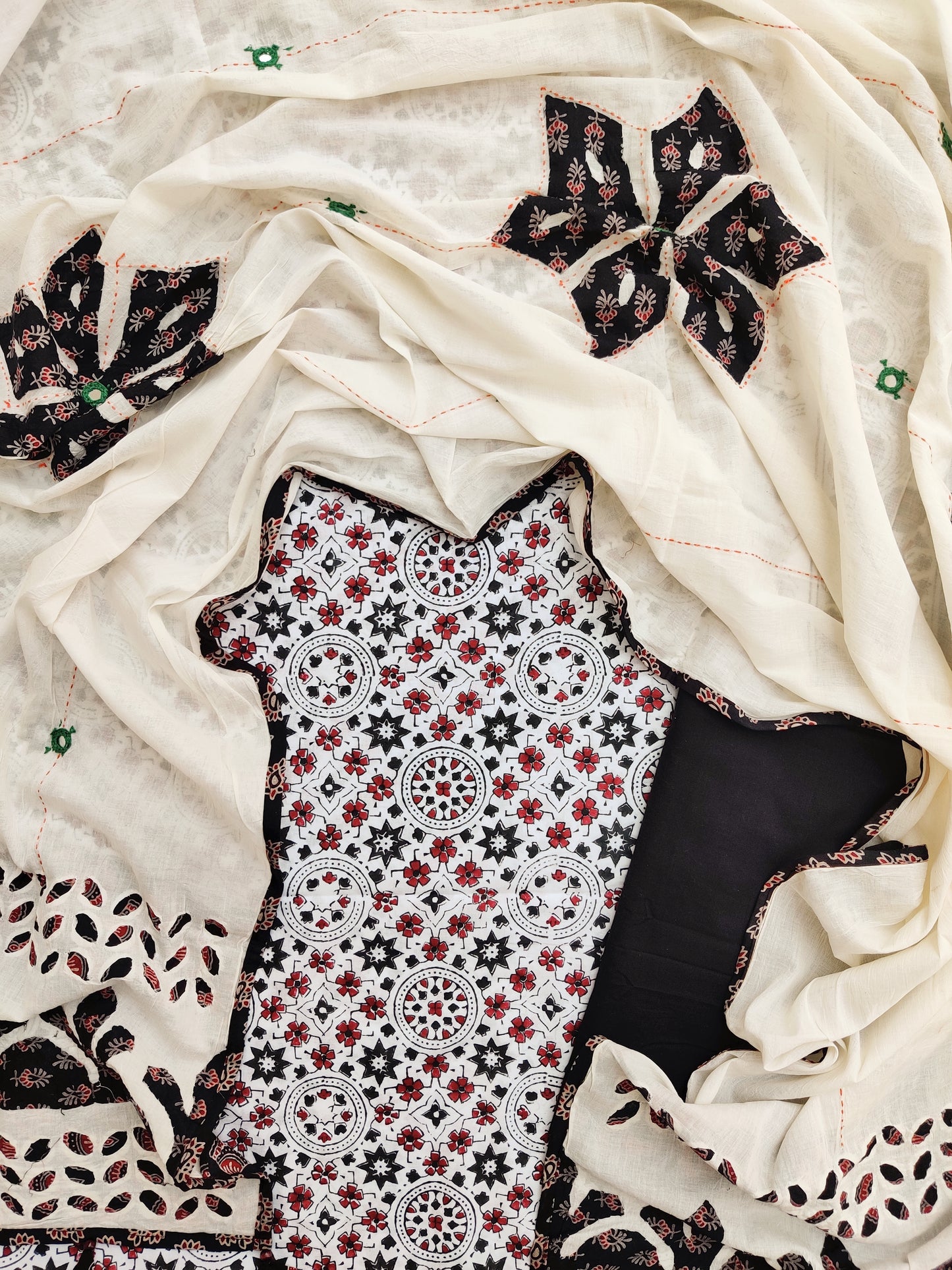 AJRAKH Hand Block Printed Cotton Suit with Applique Cotton Dupattta