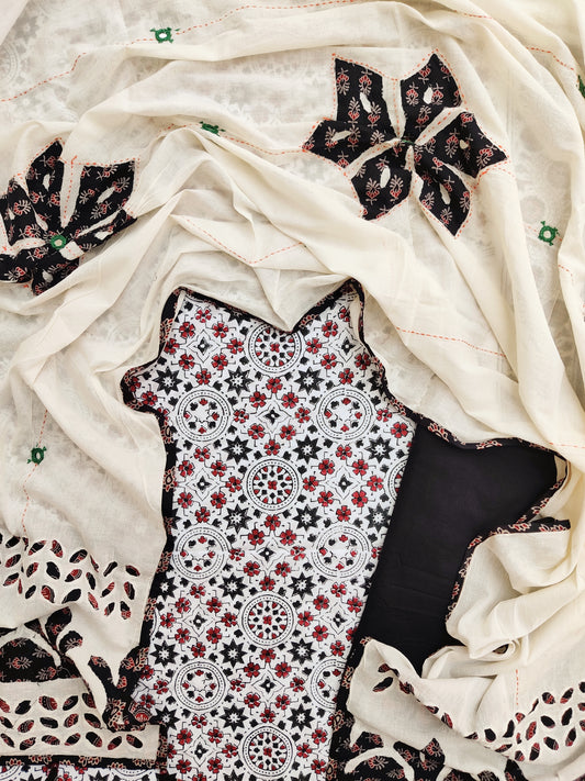 AJRAKH Hand Block Printed Cotton Suit with Applique Cotton Dupattta
