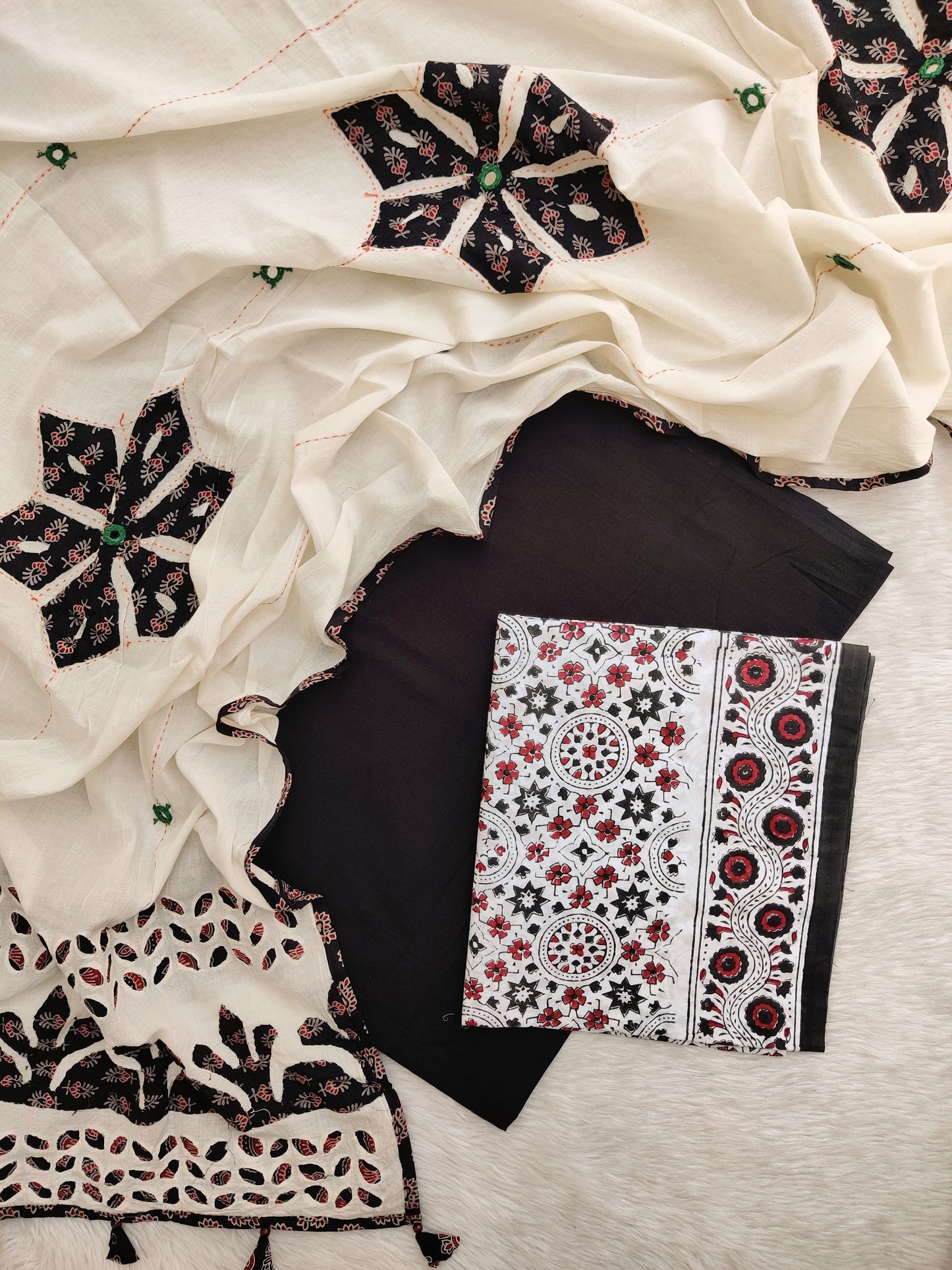AJRAKH Hand Block Printed Cotton Suit with Applique Cotton Dupattta