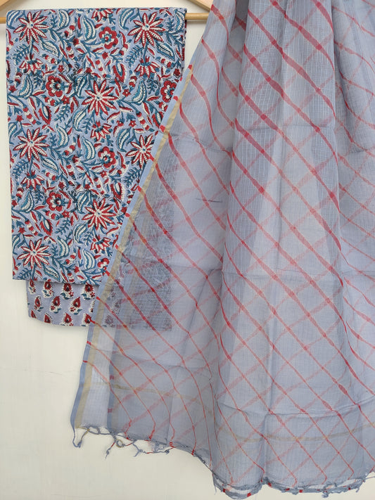 BLOCK PRINTED COTTON SUIT WITH LEHRIYA KOTA DORIA DUPATTA