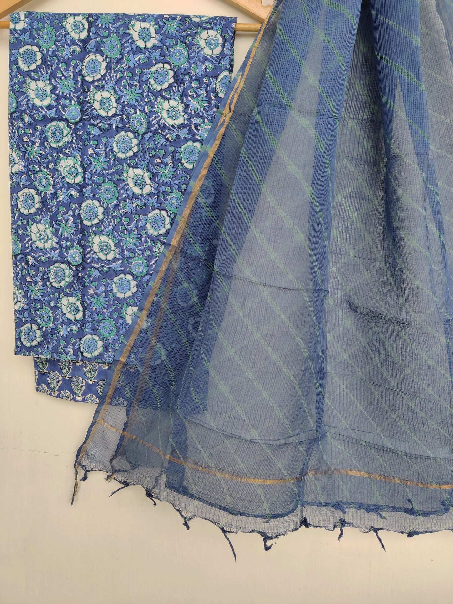 BLOCK PRINTED COTTON SUIT WITH LEHRIYA KOTA DORIA DUPATTA