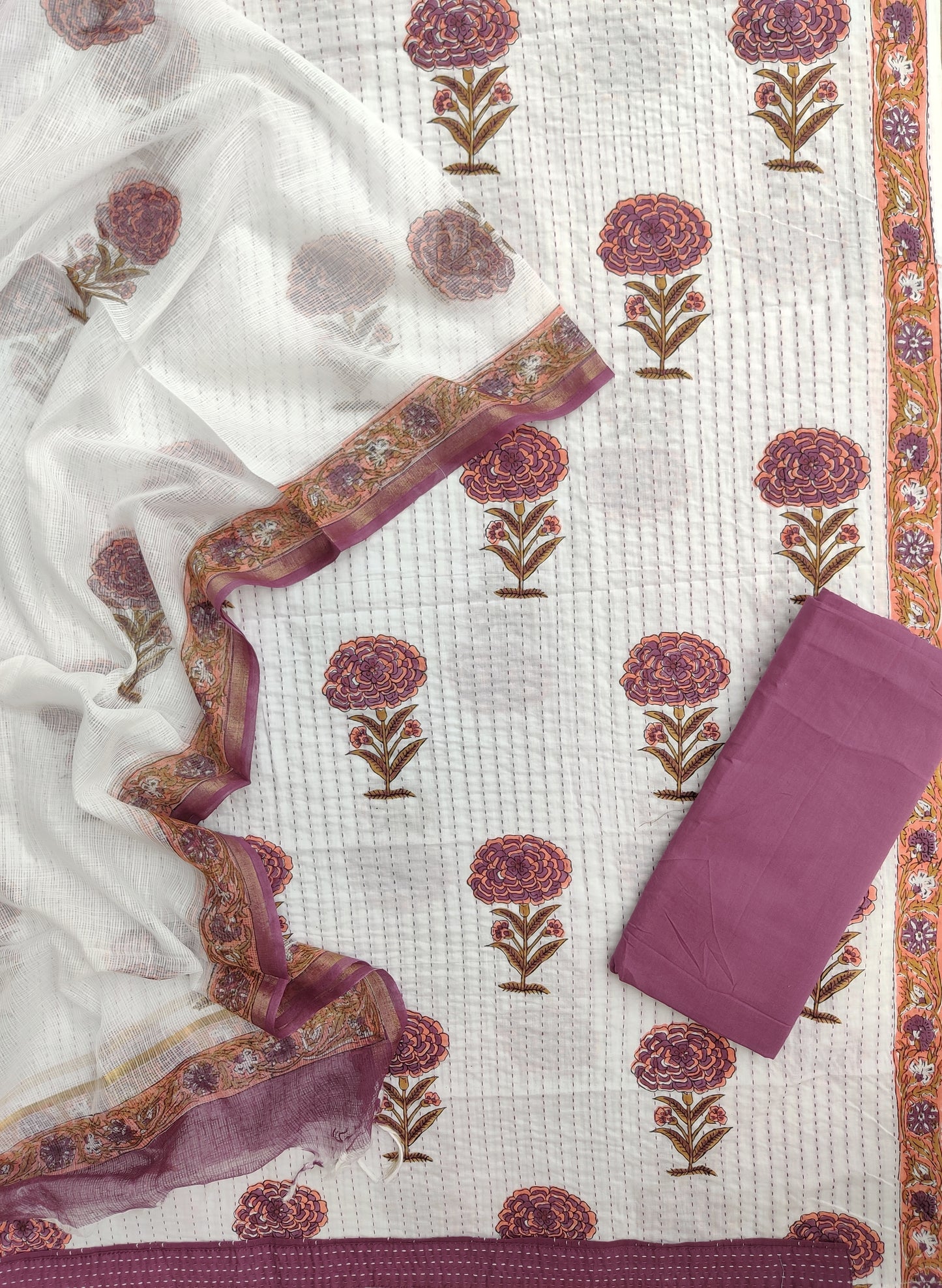 HAND BLOCK PRINTED KANTHA COTTON SUIT WITH KOTA DORIA DUPATTA