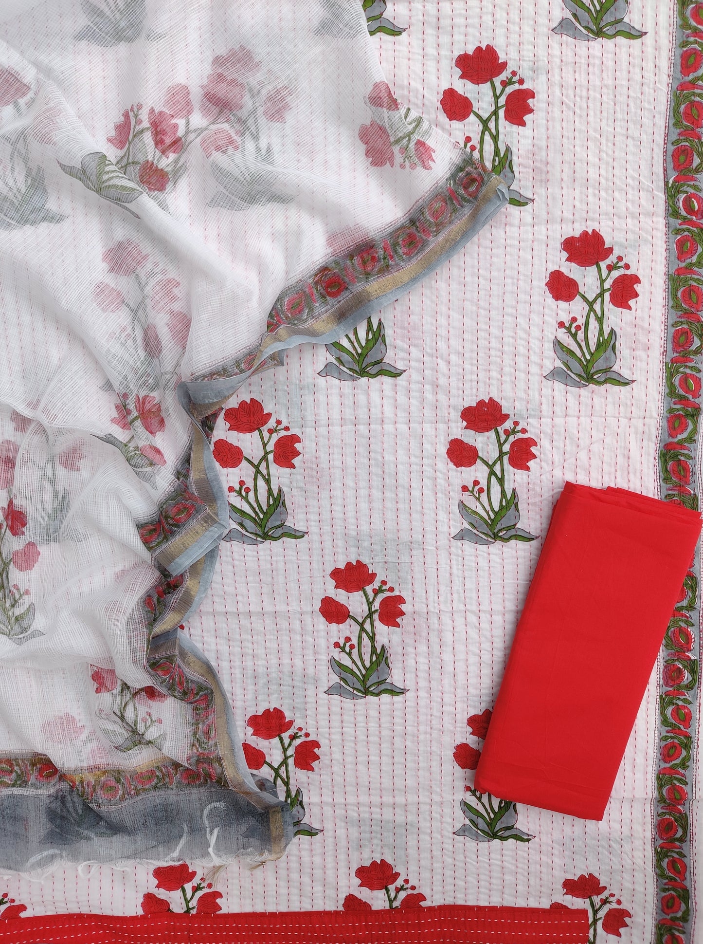 HAND BLOCK PRINTED KANTHA COTTON SUIT WITH KOTA DORIA DUPATTA