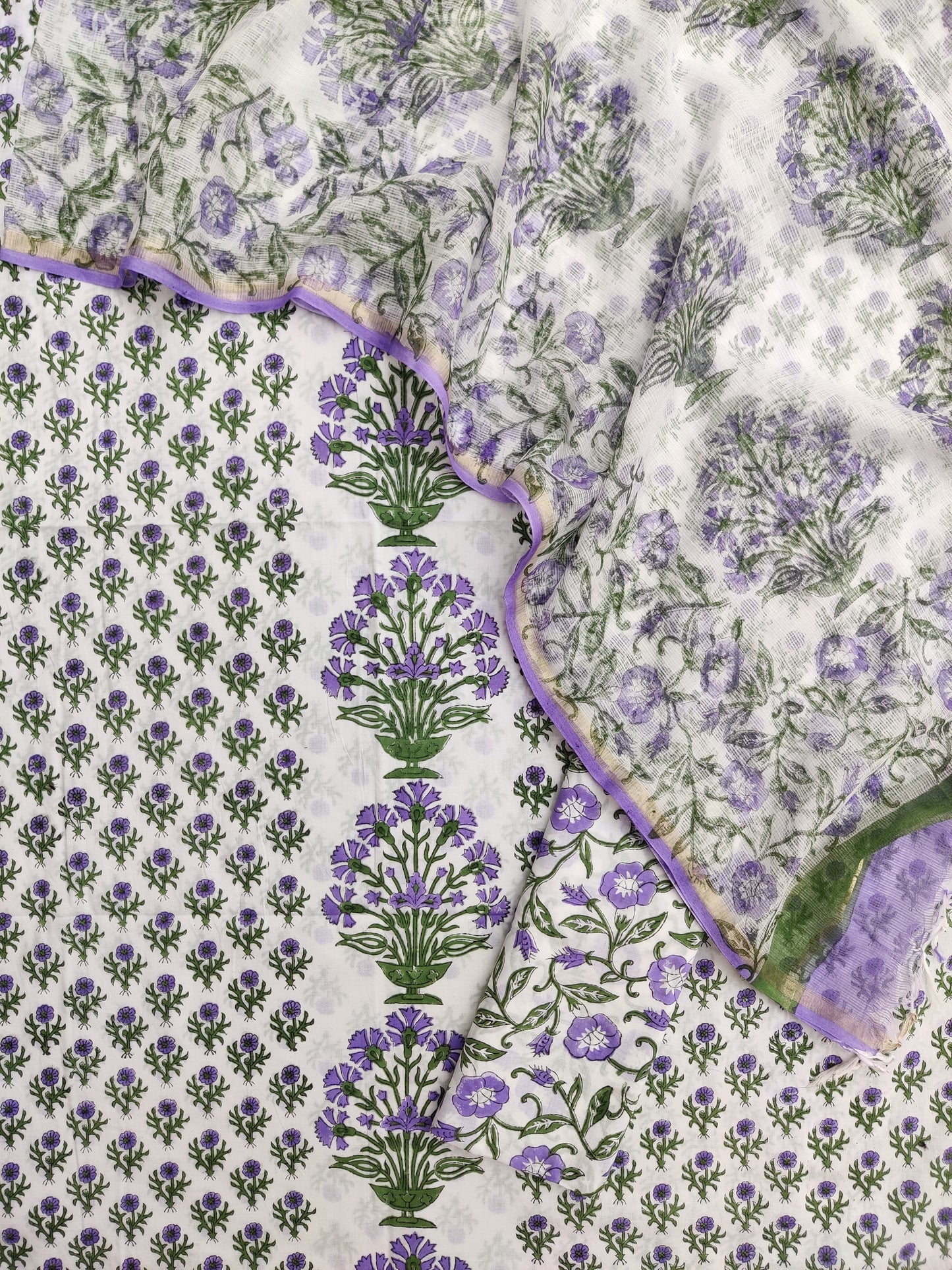 PANEL HAND BLOCK PRINTED COTTON SUIT WITH KOTA DORIA DUPATTA