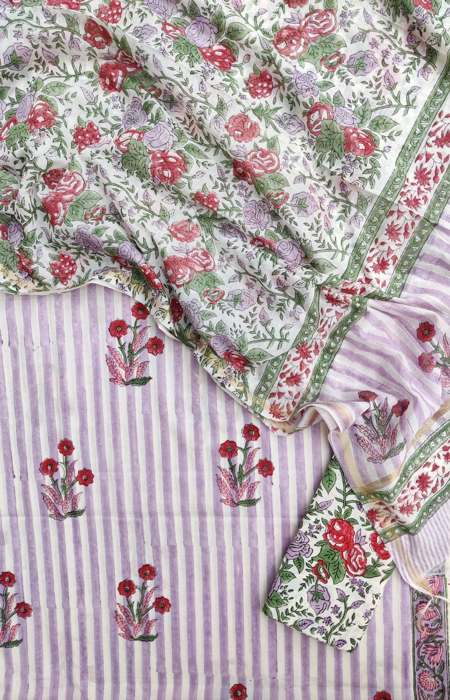 Hand Block Printed Cotton Suit with Mul Chanderi Dupatta