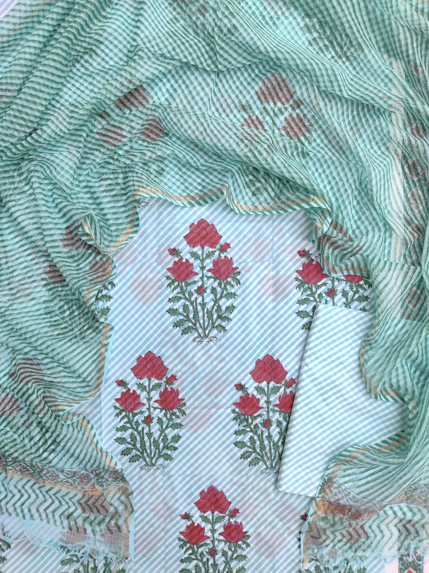 BLOCK PRINTED COTTON SUIT WITH LEHRIYA KOTA DORIA DUPATTA