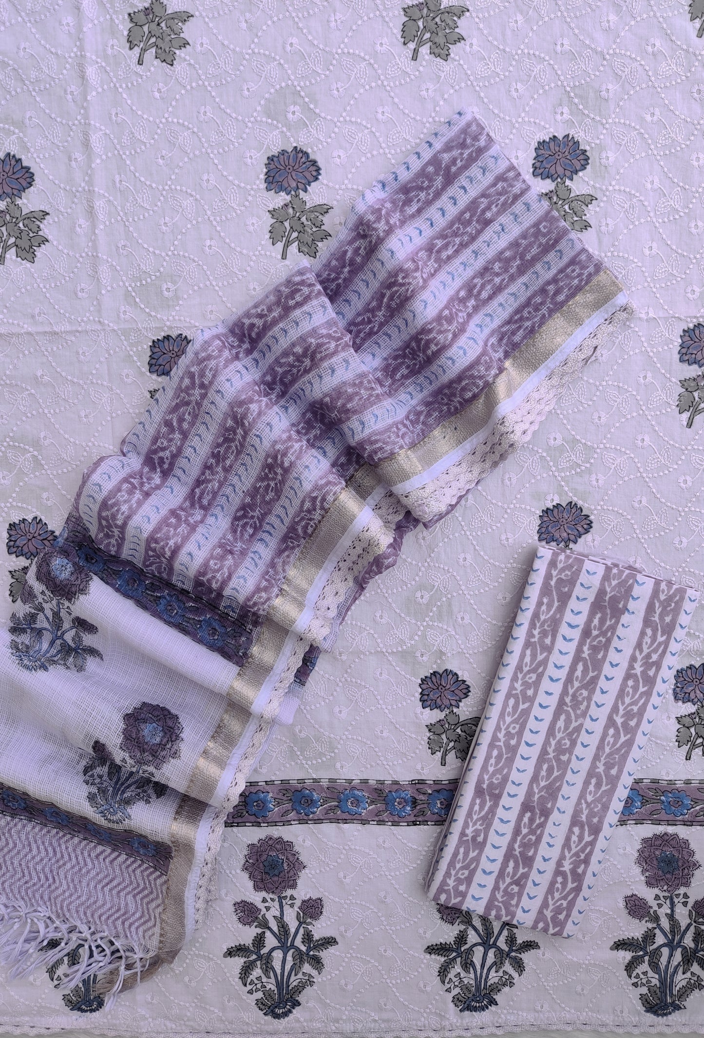 Hand Block Printed Cotton Schiffli Suit with Kota Doria Dupatta