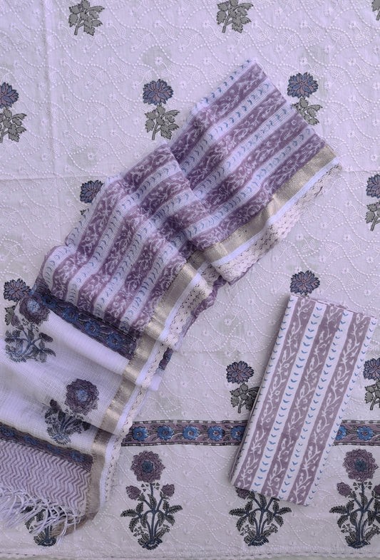 Hand Block Printed Cotton Schiffli Suit with Kota Doria Dupatta