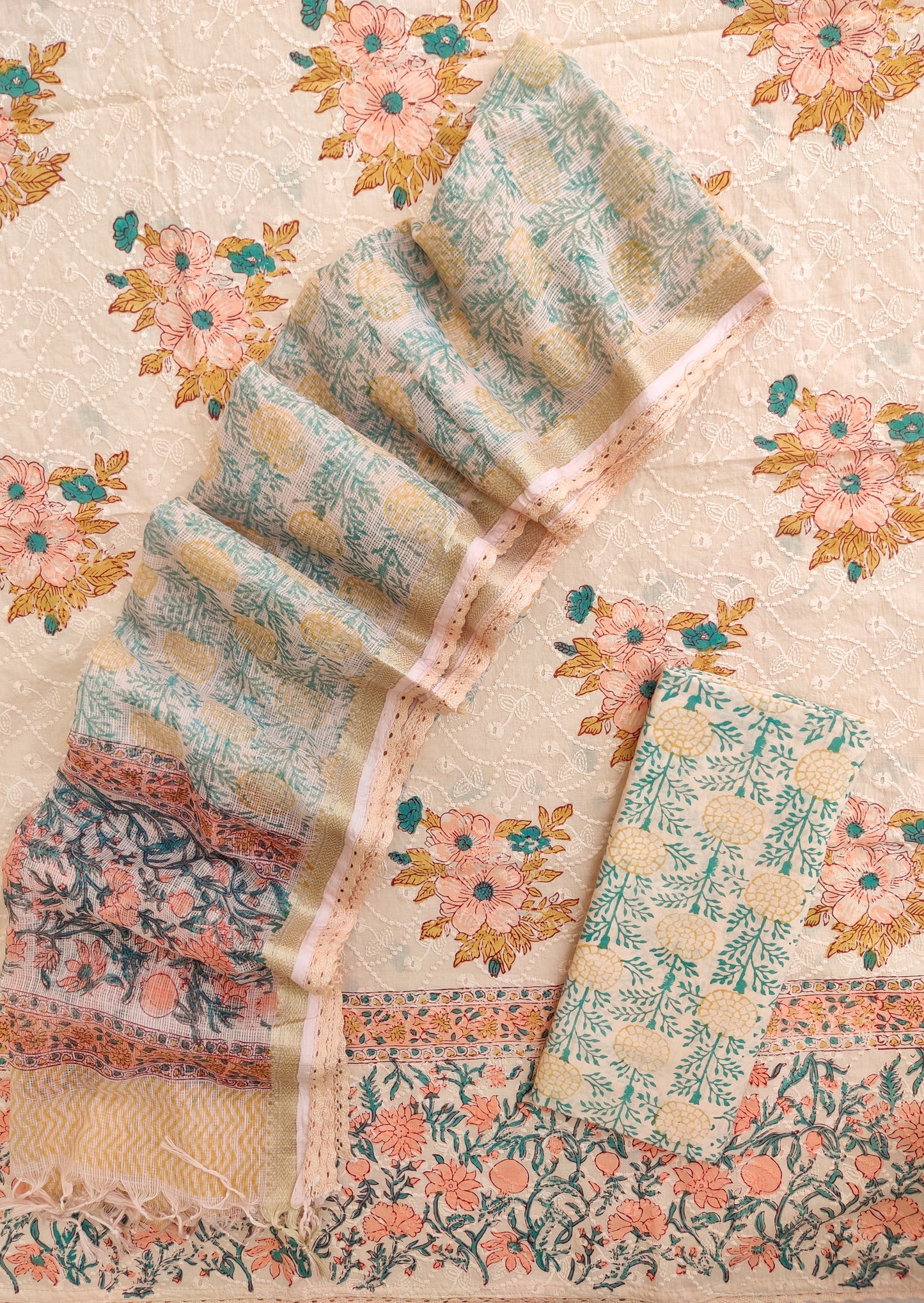 Hand Block Printed Cotton Schiffli Suit with Kota Doria Dupatta