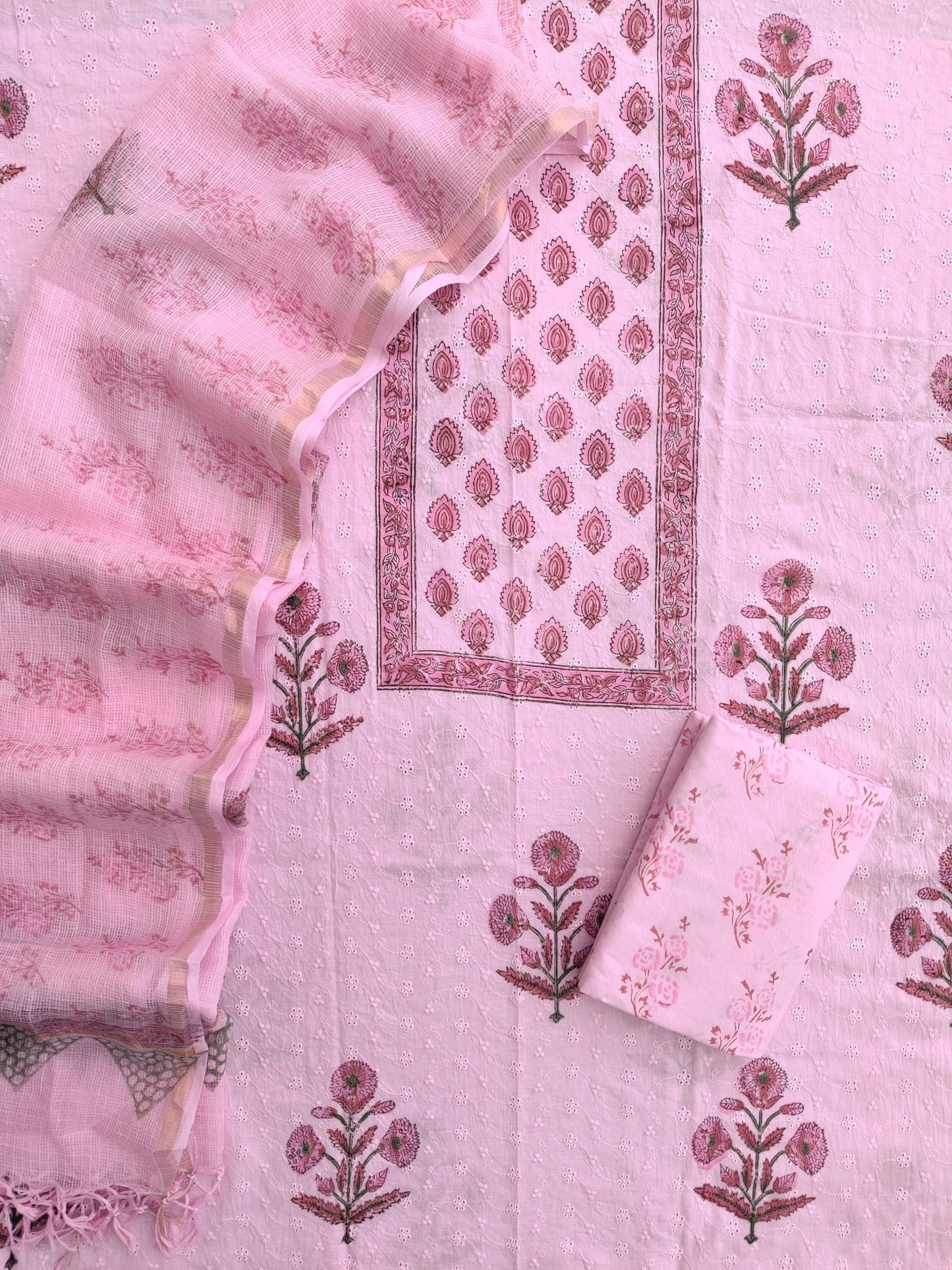 Hand Block Printed Cotton Schiffli Suit with Kota Doria Dupatta