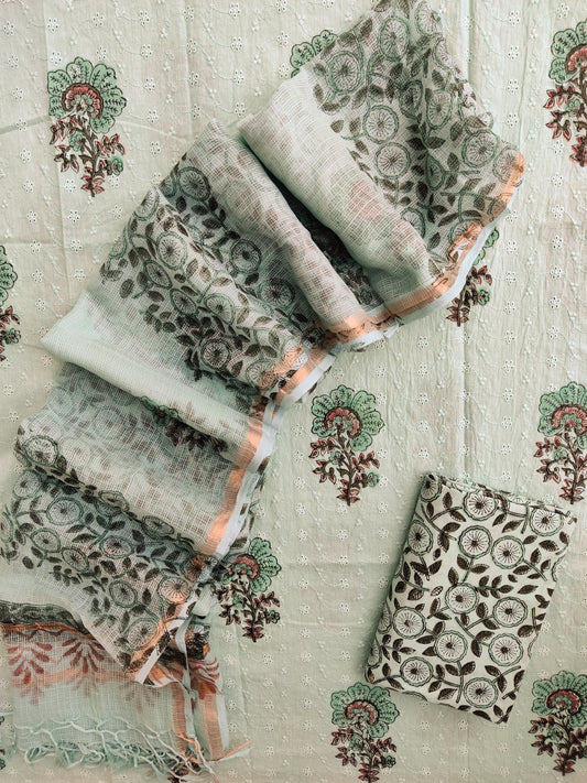 Hand Block Printed Cotton Schiffli Suit with Kota Doria Dupatta