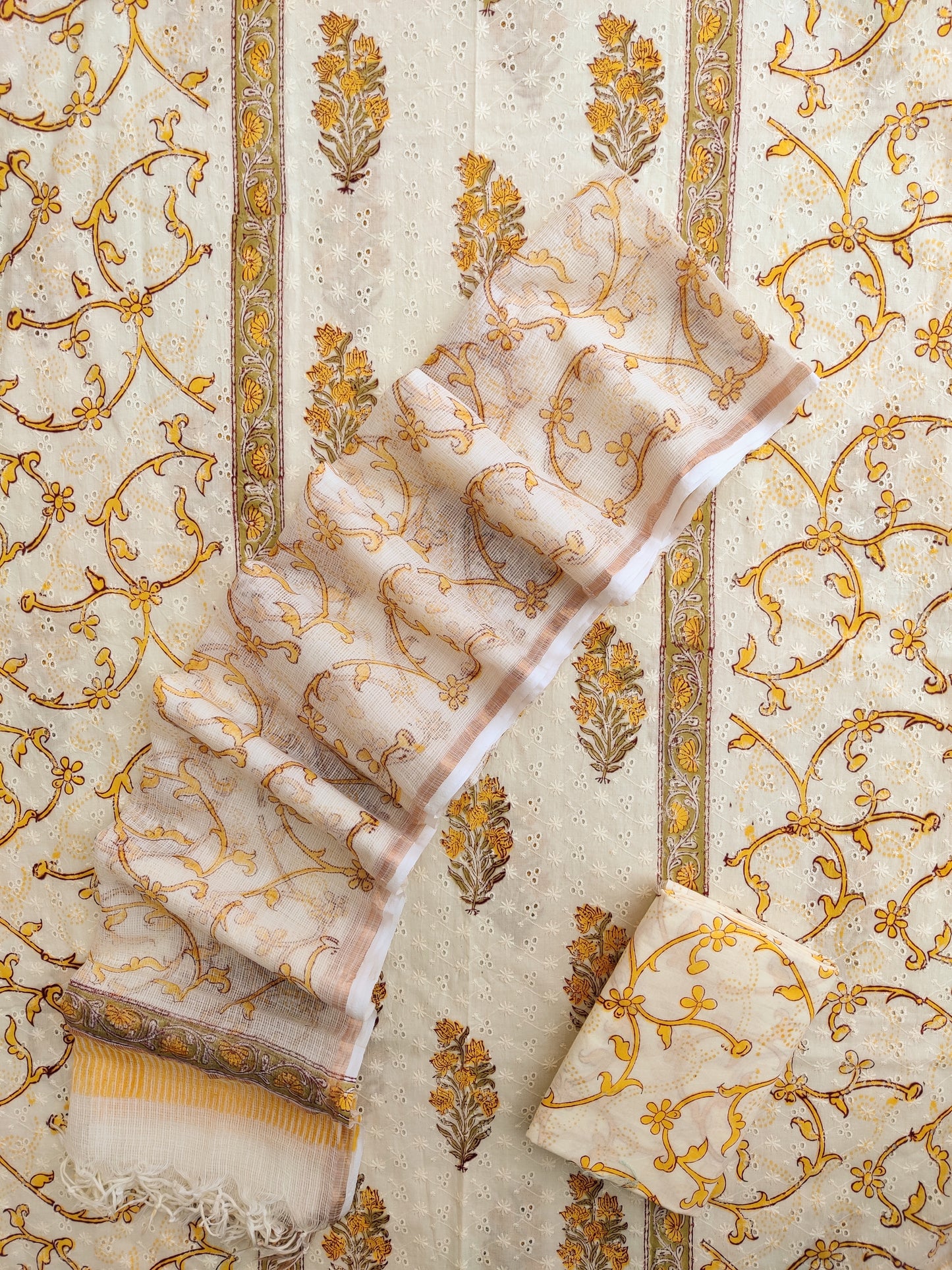 Hand Block Printed Cotton Schiffli Suit with Kota Doria Dupatta