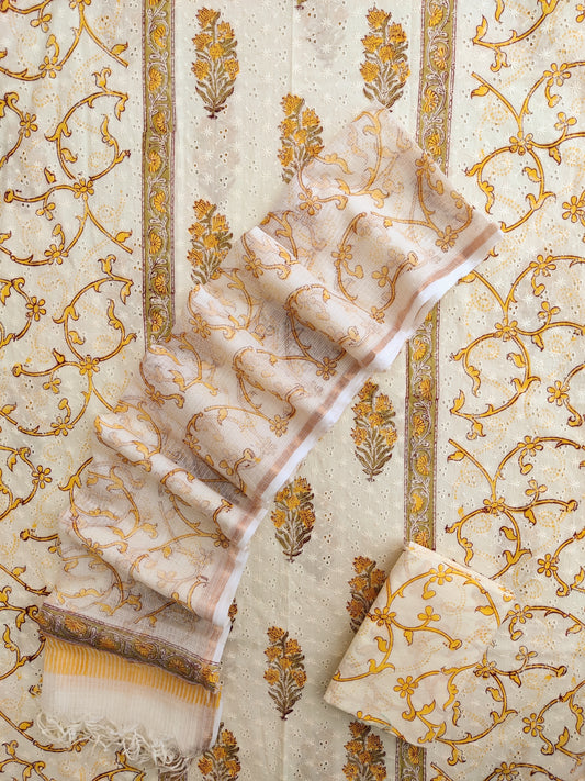 Hand Block Printed Cotton Schiffli Suit with Kota Doria Dupatta