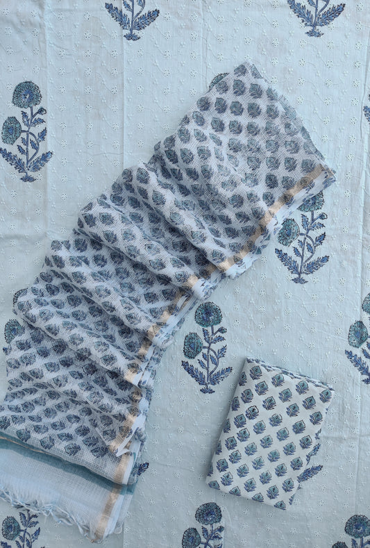 Hand Block Printed Cotton Schiffli Suit with Kota Doria Dupatta