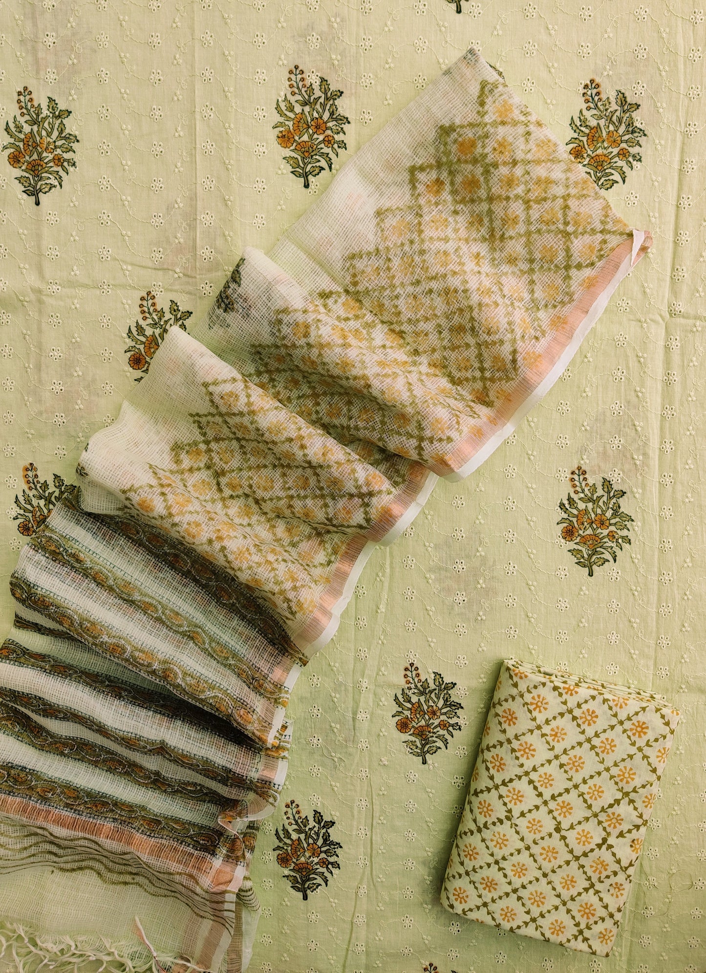 Hand Block Printed Cotton Schiffli Suit with Kota Doria Dupatta