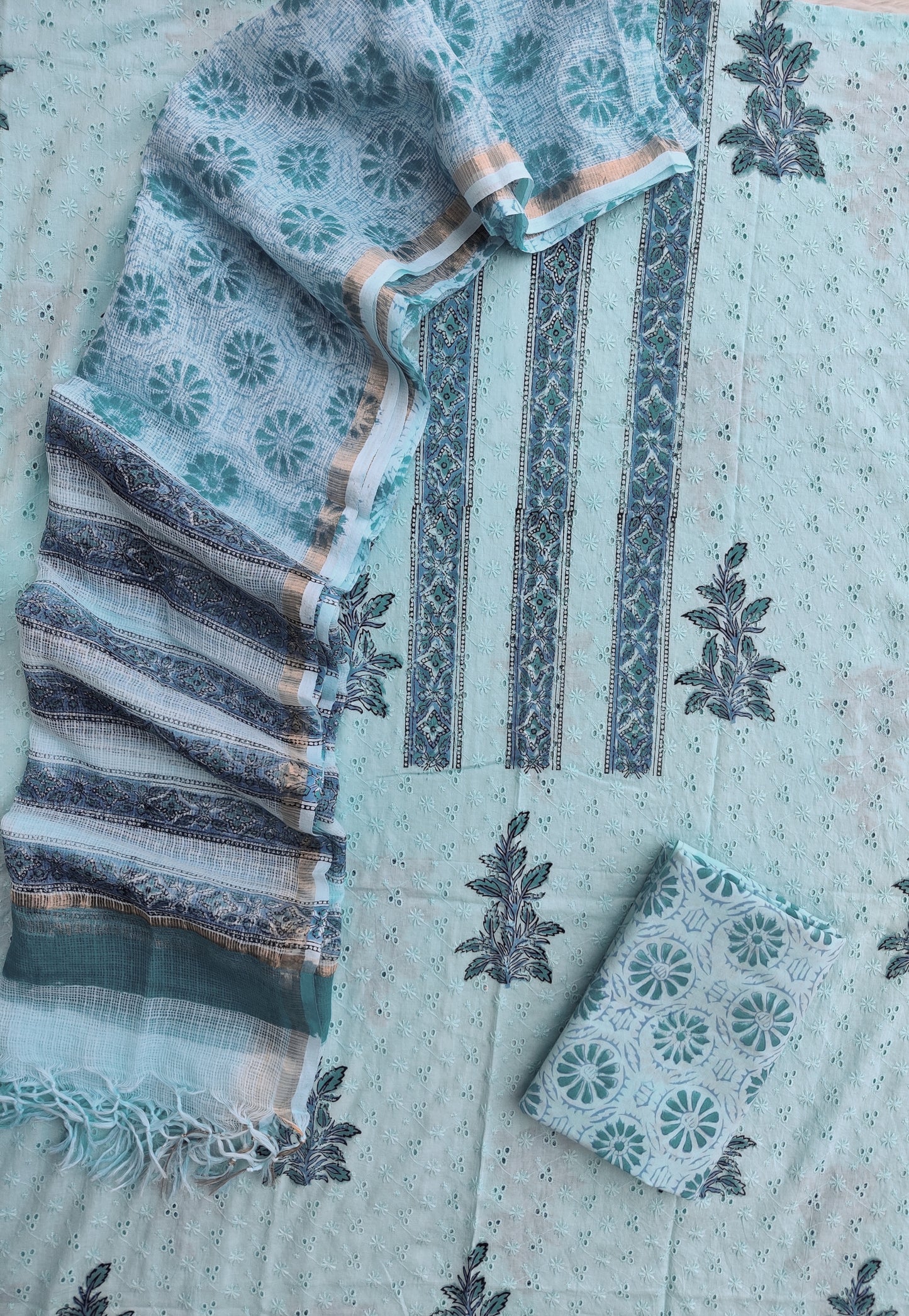 Hand Block Printed Cotton Schiffli Suit with Kota Doria Dupatta