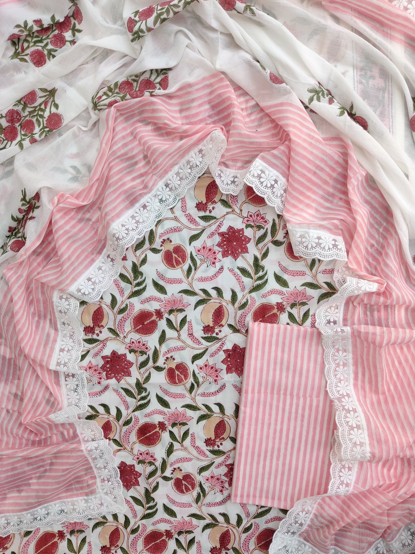Hand Block Printed Cotton Suit With Lace Work Mulmul Dupatta