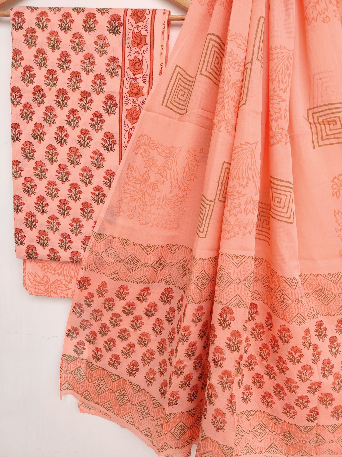 Hand Block Printed Cotton Suit With Mulmul Cotton Dupatta