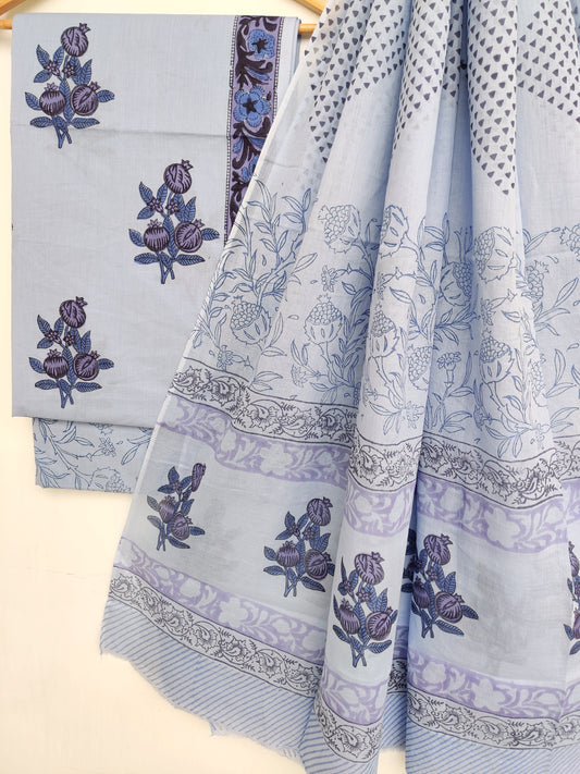 Hand Block Printed Cotton Suit With Mulmul Cotton Dupatta