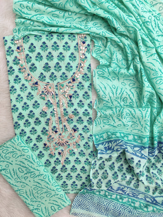 FLORAL PRINTED COTTON GOTA PATTI SUIT WITH COTTON DUPATTA