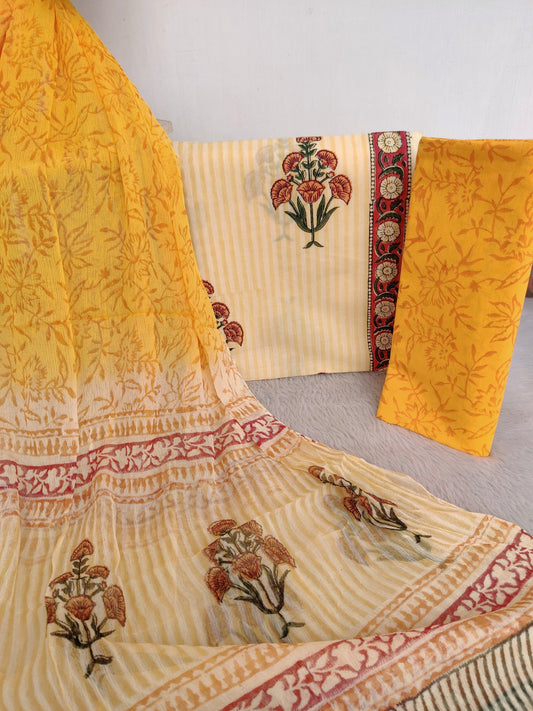 HAND BLOCK PRINTED COTTON SUIT WITH PURE CHIFFON DUPATTA