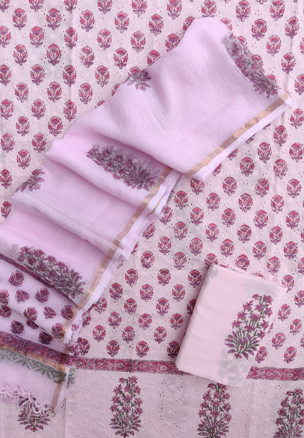 Hand Block Printed Cotton Schiffli Suit with Kota Doria Dupatta