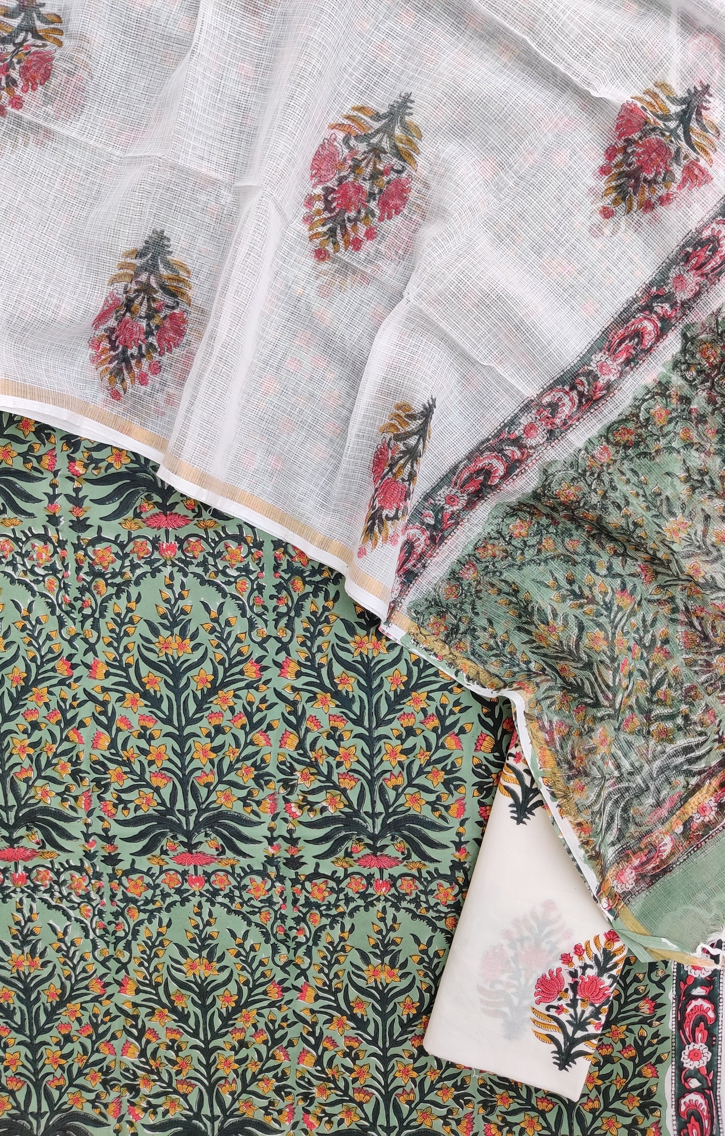 Hand Block Printed Cotton Suit with Cotton Kota Doria dupatta