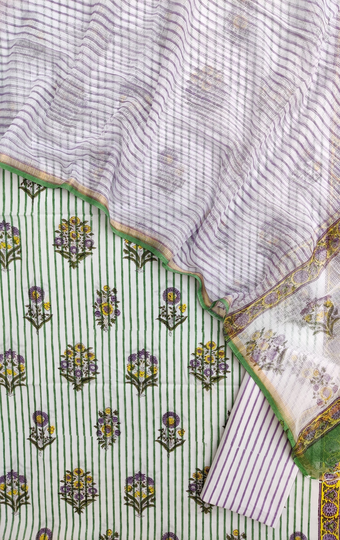 Hand Block Printed Cotton Suit with Cotton Kota Doria dupatta