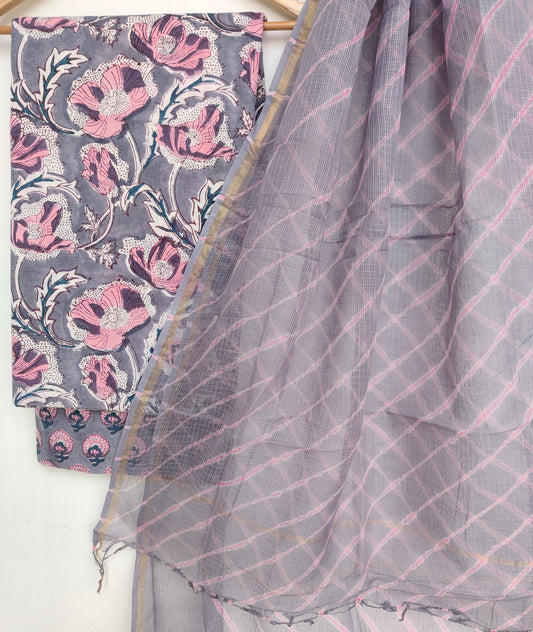 BLOCK PRINTED COTTON SUIT WITH LEHRIYA KOTA DORIA DUPATTA