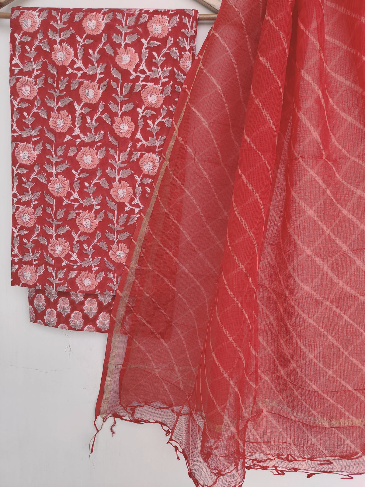 BLOCK PRINTED COTTON SUIT WITH LEHRIYA KOTA DORIA DUPATTA
