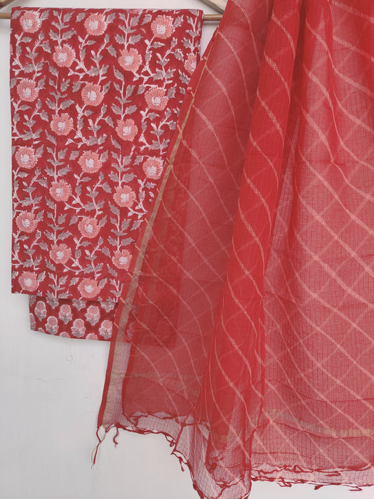 BLOCK PRINTED COTTON SUIT WITH LEHRIYA KOTA DORIA DUPATTA