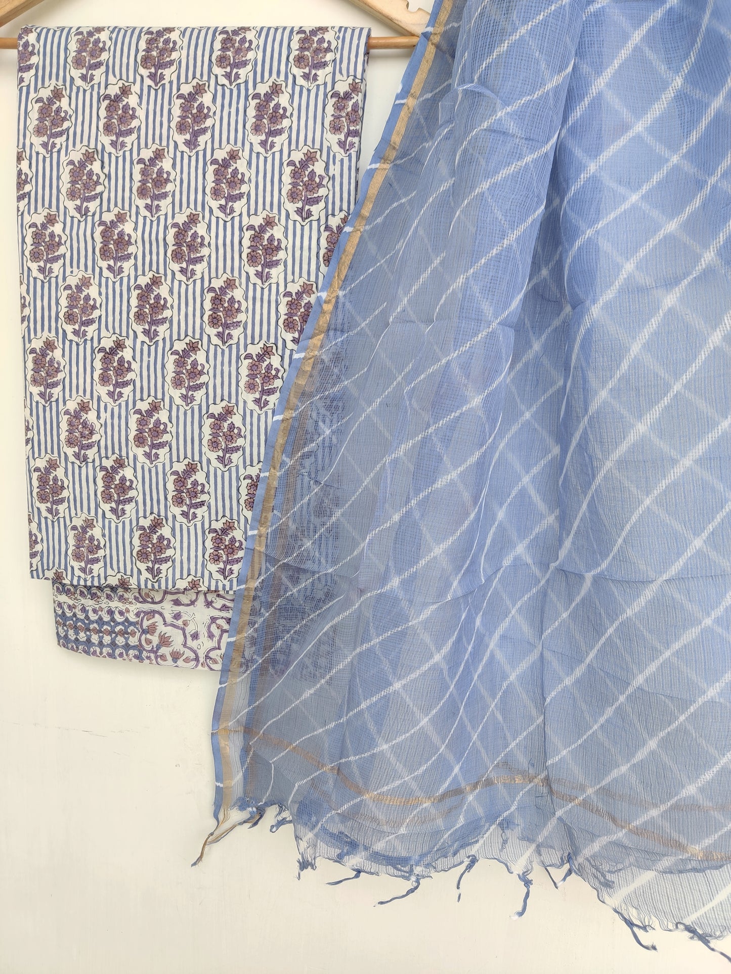 BLOCK PRINTED COTTON SUIT WITH LEHRIYA KOTA DORIA DUPATTA