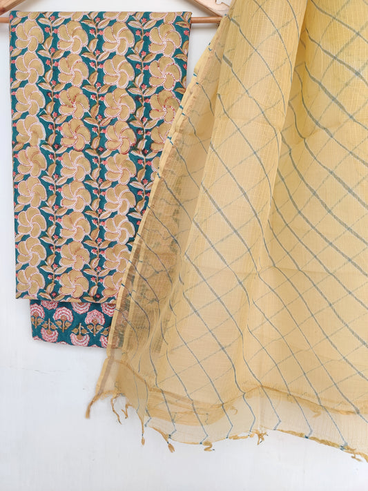 BLOCK PRINTED COTTON SUIT WITH LEHRIYA KOTA DORIA DUPATTA