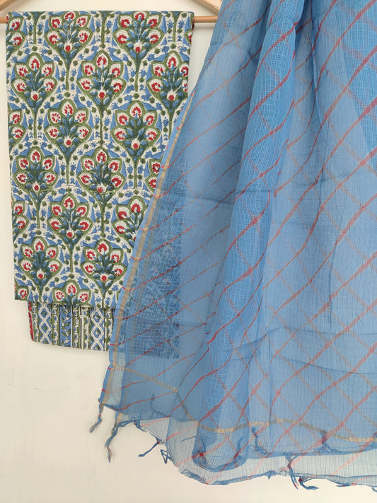 BLOCK PRINTED COTTON SUIT WITH LEHRIYA KOTA DORIA DUPATTA