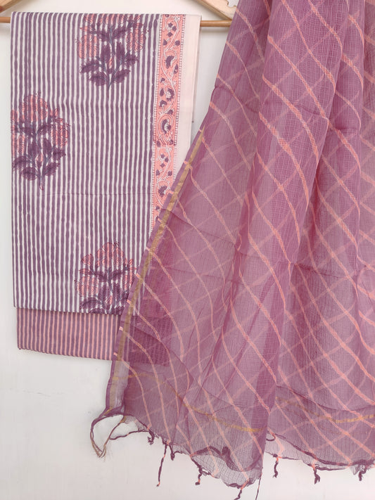 BLOCK PRINTED COTTON SUIT WITH LEHRIYA KOTA DORIA DUPATTA