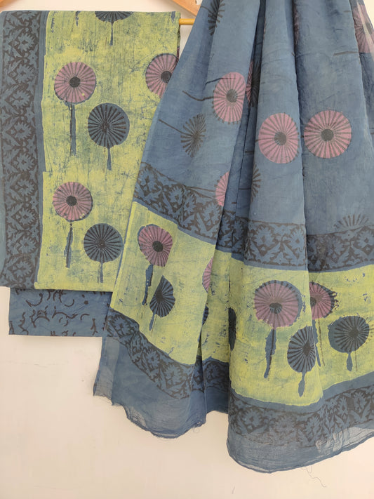NASHPAL Hand Block Printed Cotton Suit With Mulmul Cotton Dupatta