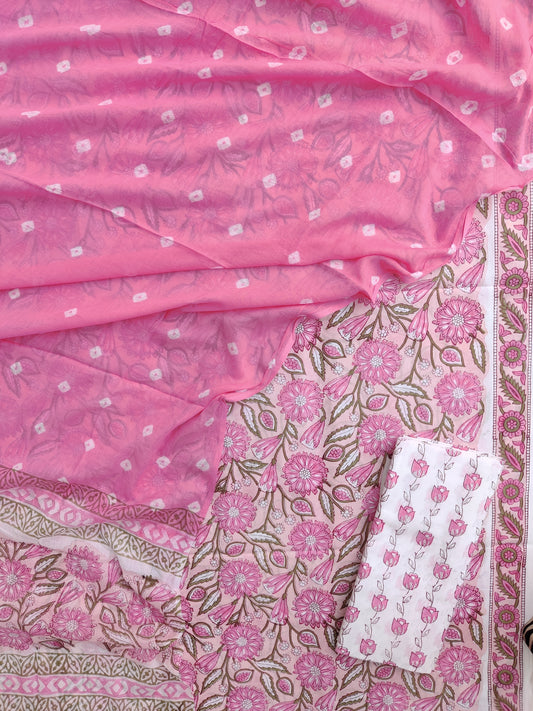 Hand Block Printed Cotton Suits with Mulmul Bandhej Dupatta